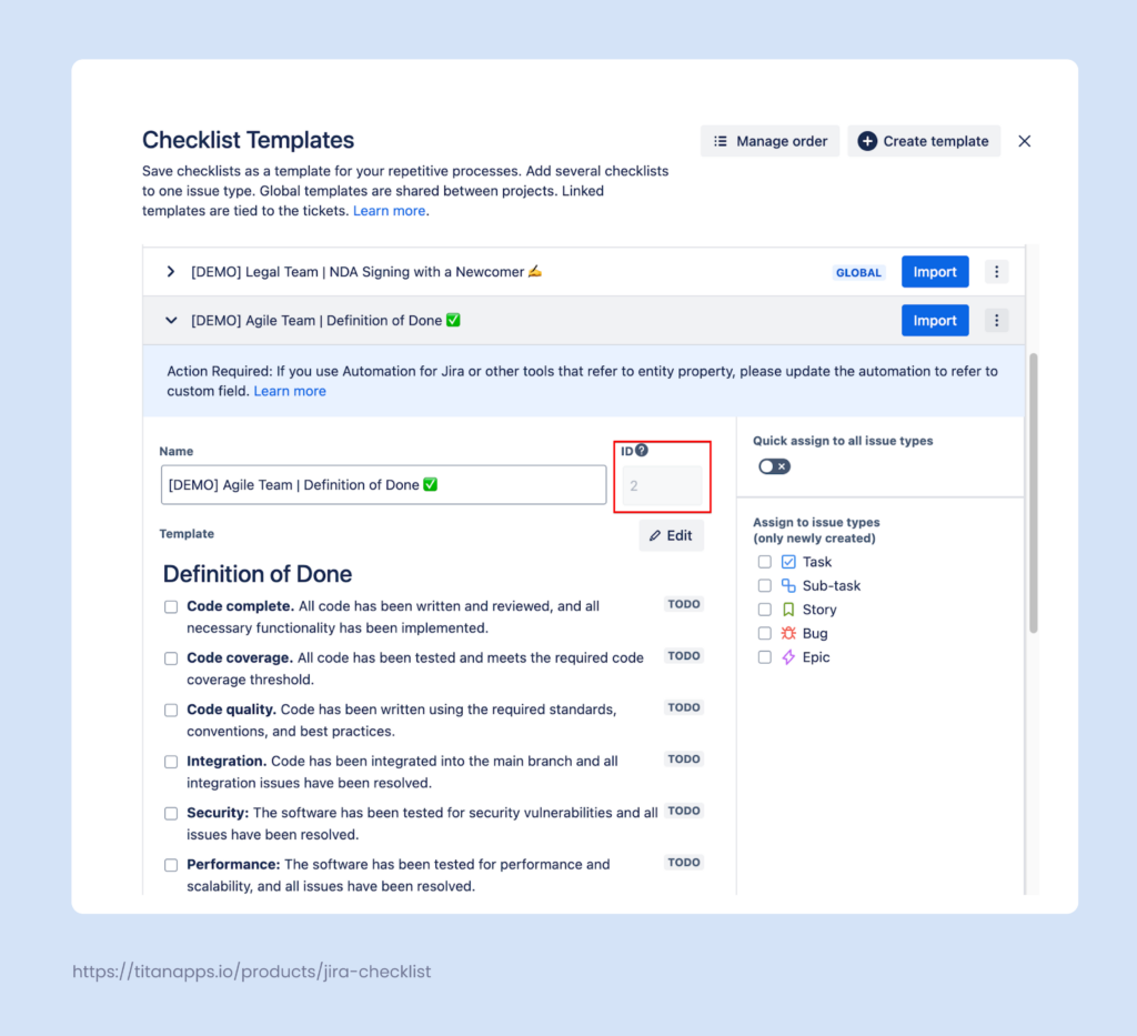 DoD checklist template - use with Automation for Jira 3