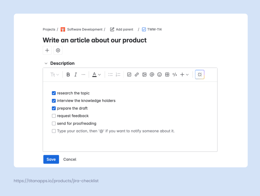 A checklist created with Jira action items