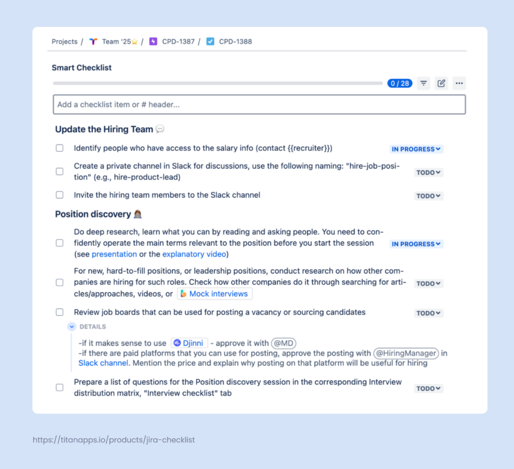 A checklist created with Smart Checklist for Jira
