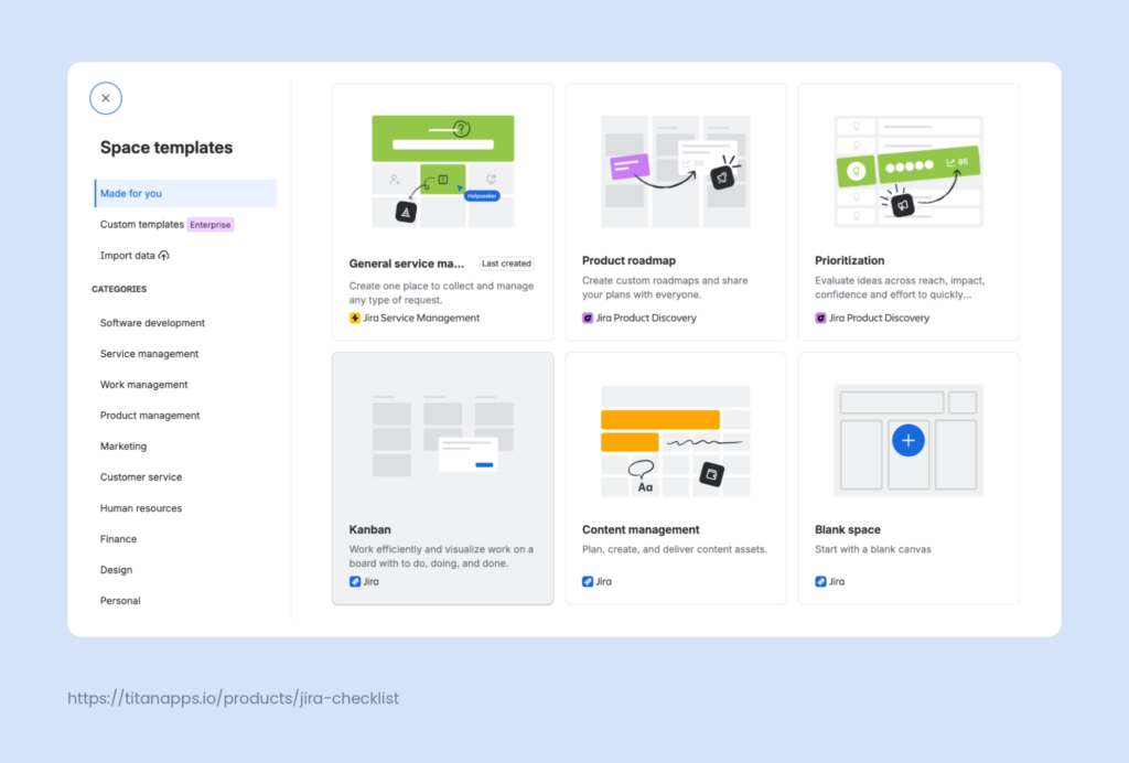 Jira space template gallery with the Kanban template selected