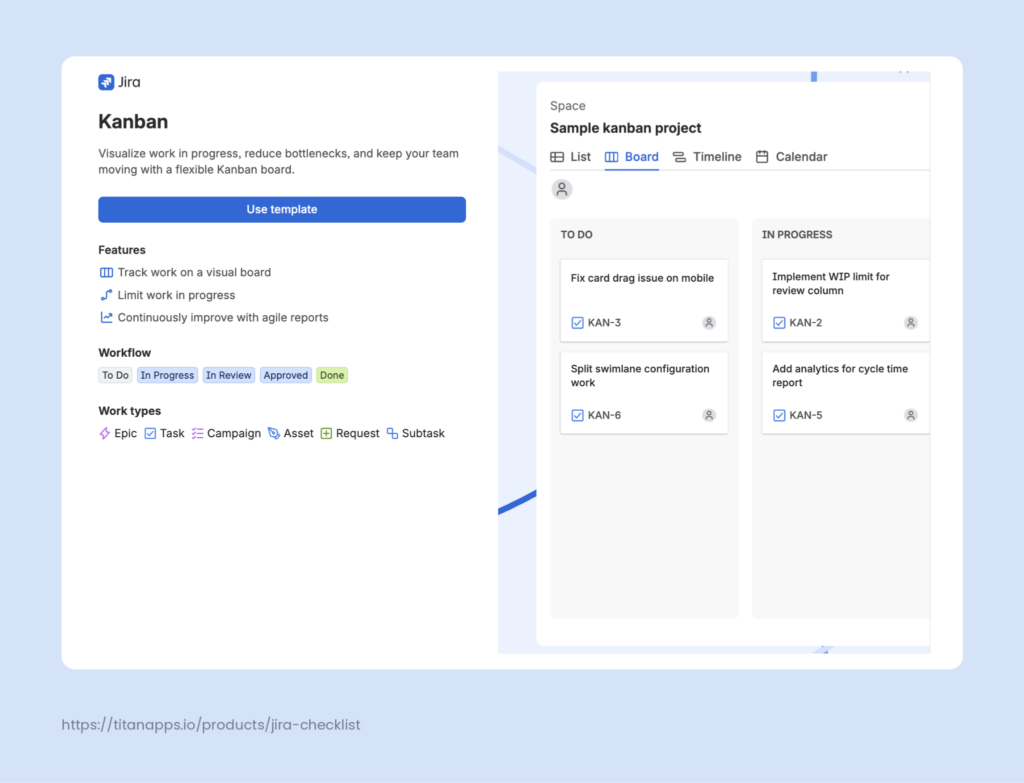 Kanban template details listing the default workflow statuses and work types