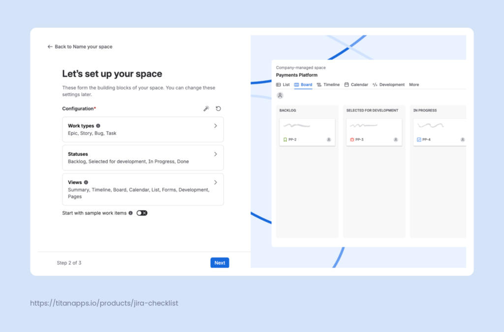 Space setup screen for editing work types, statuses, and which views the space opens with