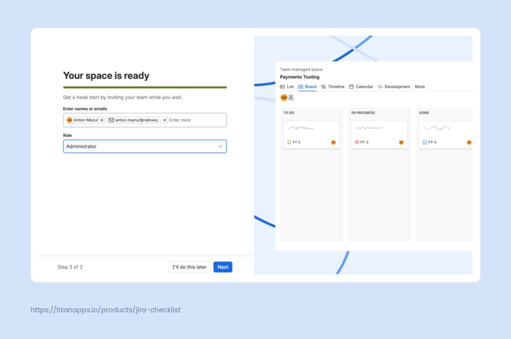 Final space setup step for inviting teammates and assigning a role