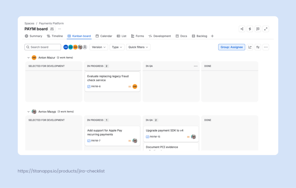 Jira Kanban board split into swimlanes by assignee, each showing that person's work items