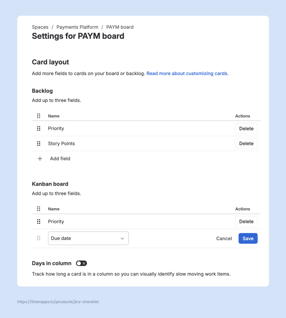Card layout settings for the board and the backlog, and the Days in column toggle
