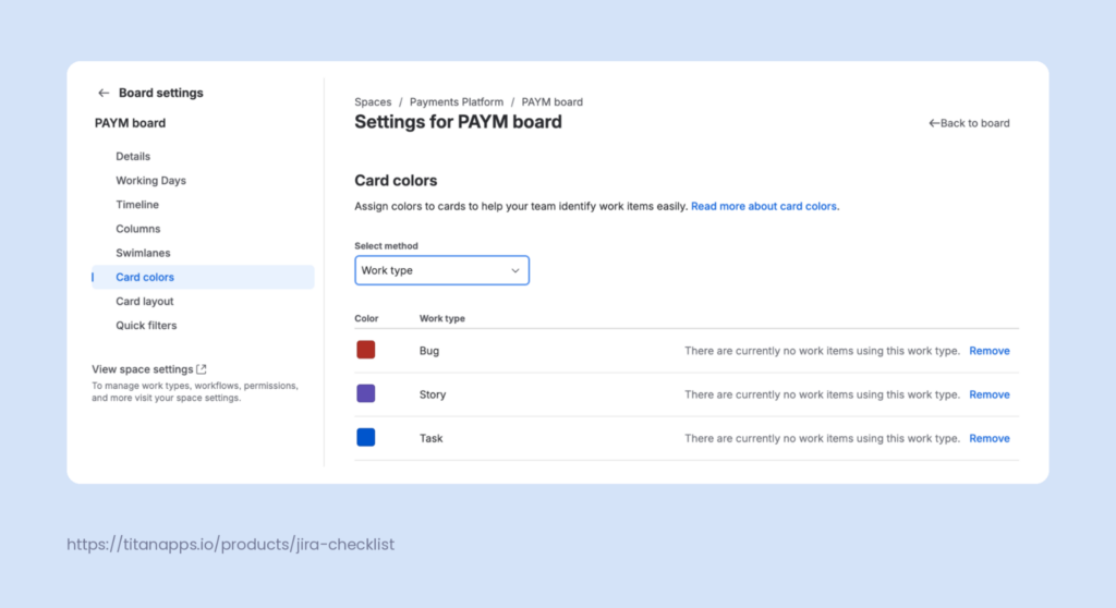Card colors settings assigning a color to each work type