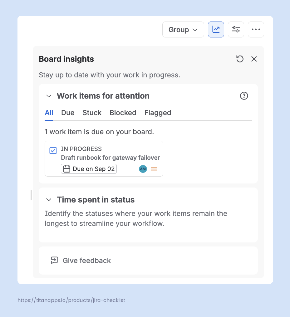 Board insights panel listing work items that need attention and time spent in status