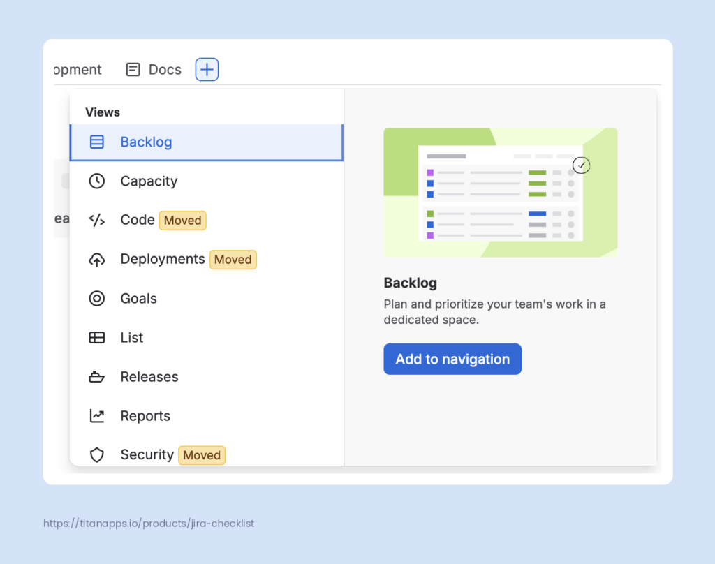 Add to navigation menu for adding Backlog, Reports, or Releases views to a Jira space