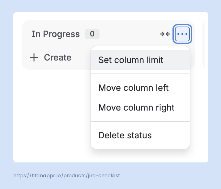 Column menu in a team-managed space with the Set column limit option