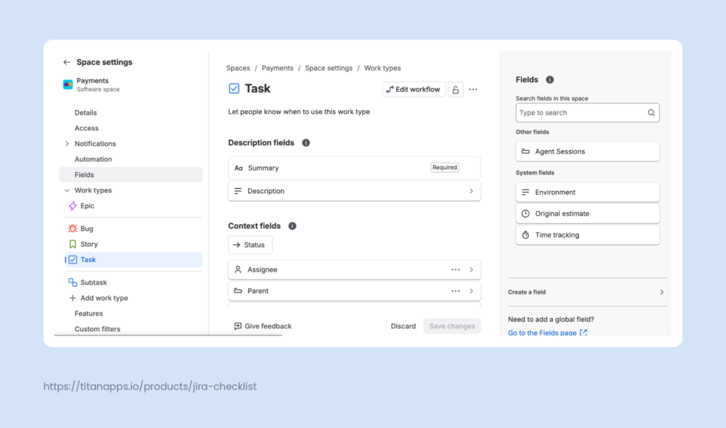Work type settings in a team-managed space with the field list for a Task