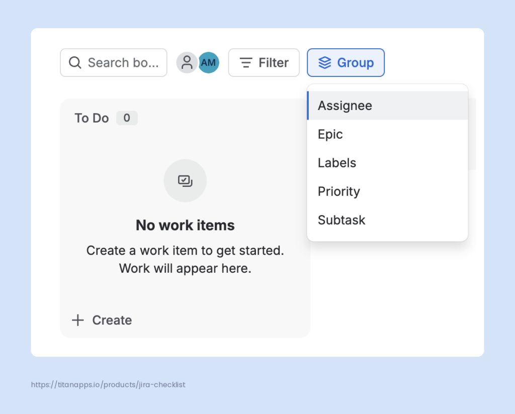 Group menu on a team-managed board with options for assignee, epic, labels, priority, and subtask