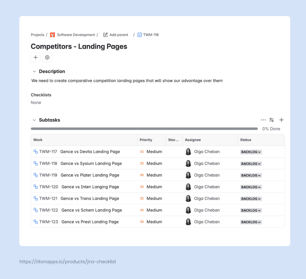 2. Examples of a Jira Subtask