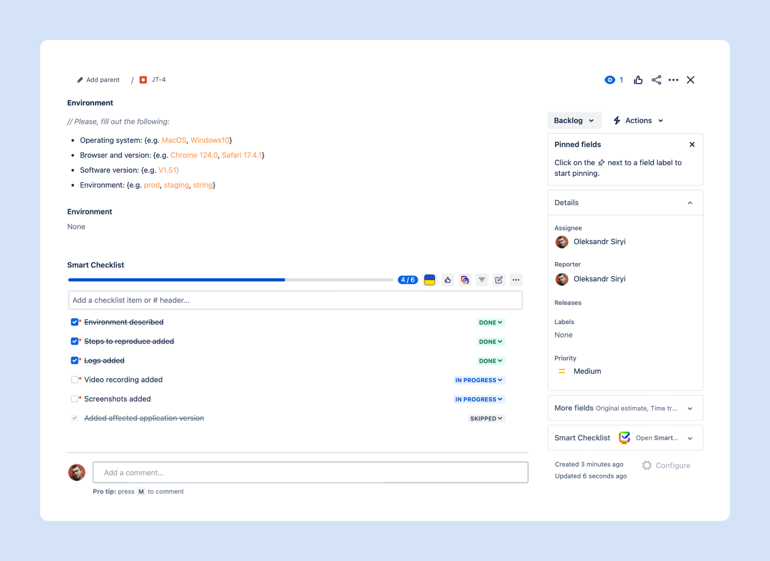 Jira bug report template example