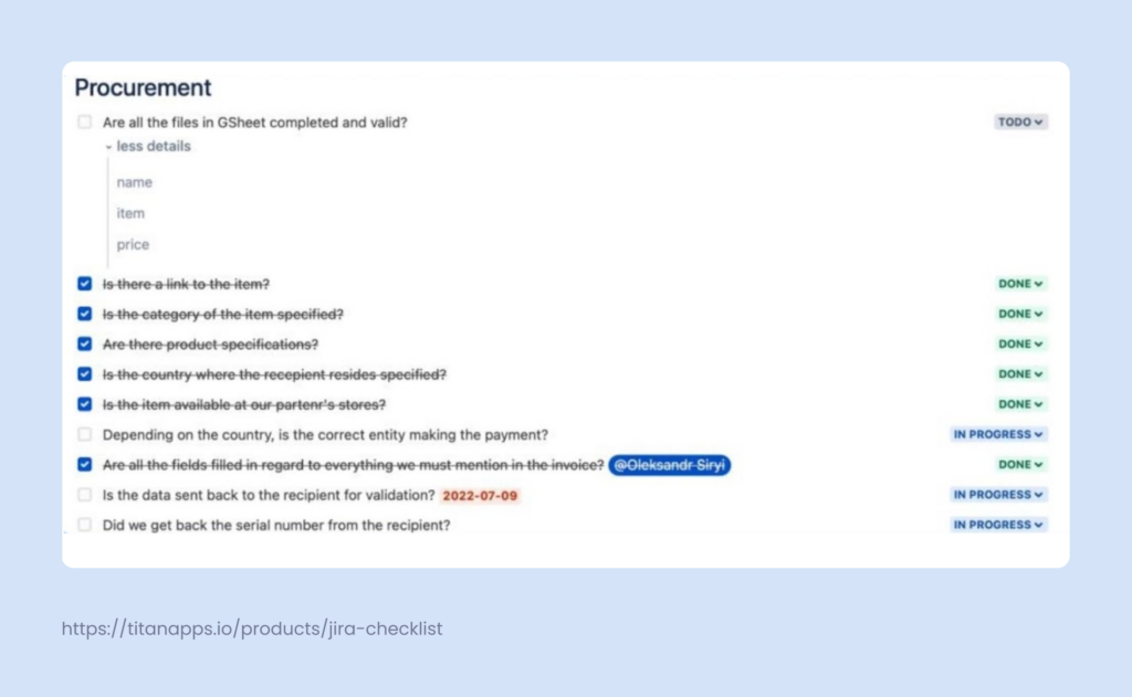 procurement checklist template for atlassian jira 