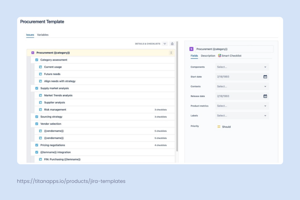 Procurement issue template for Atlassian Jira