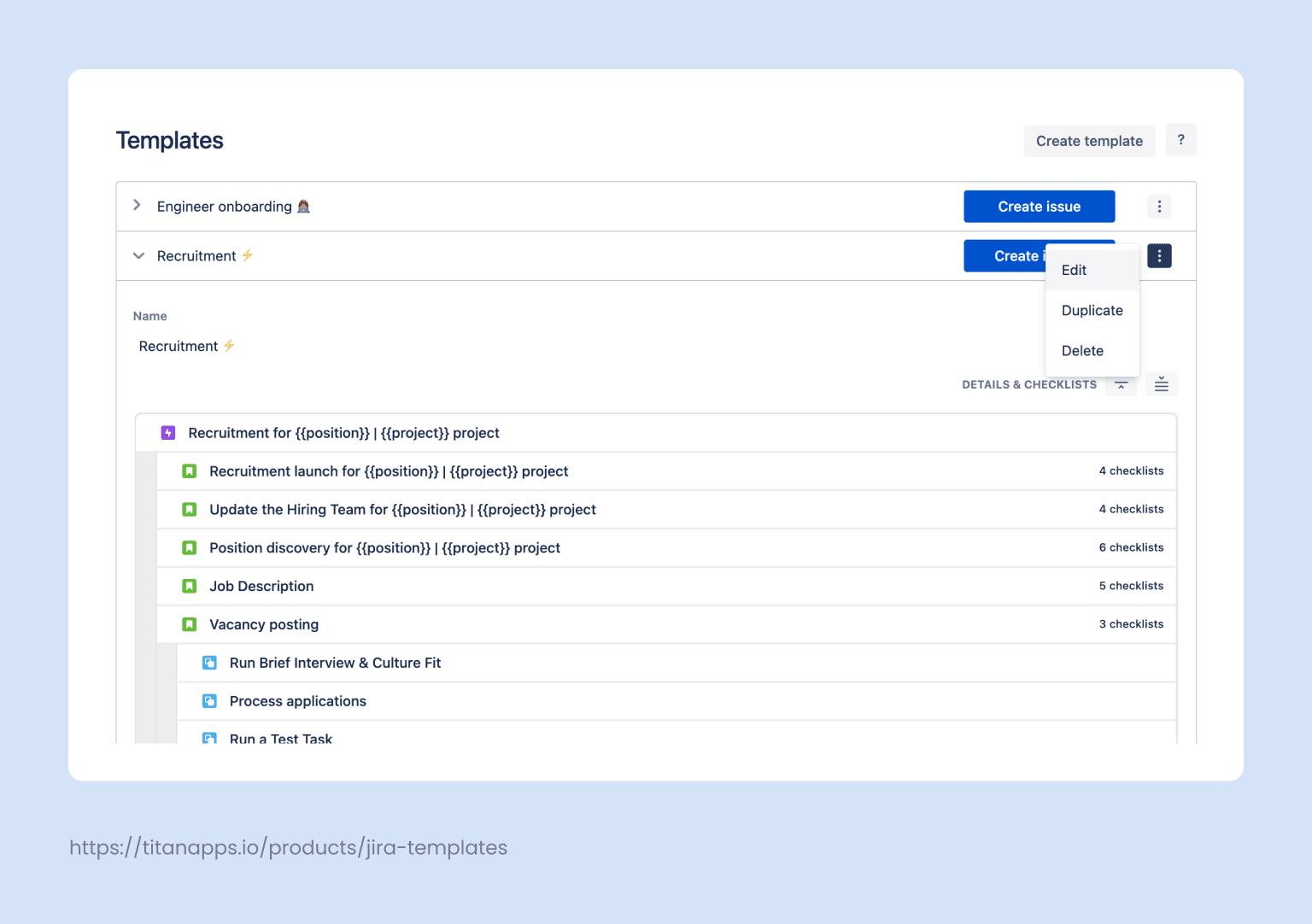 Atlassian Jira Recruitment issue template editing 