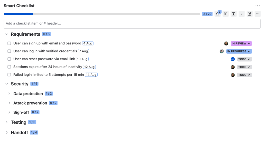 A Smart Checklist for Jira inside the Build user authentication system work item, showing grouped items with assignees, due dates, and statuses.