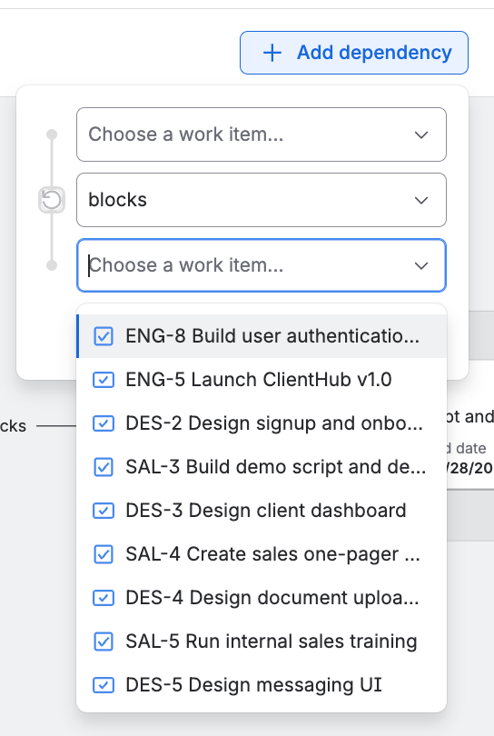 The Add dependency dialog in Jira Plans, with a work item selected as blocking ENG-8 Build user authentication system.