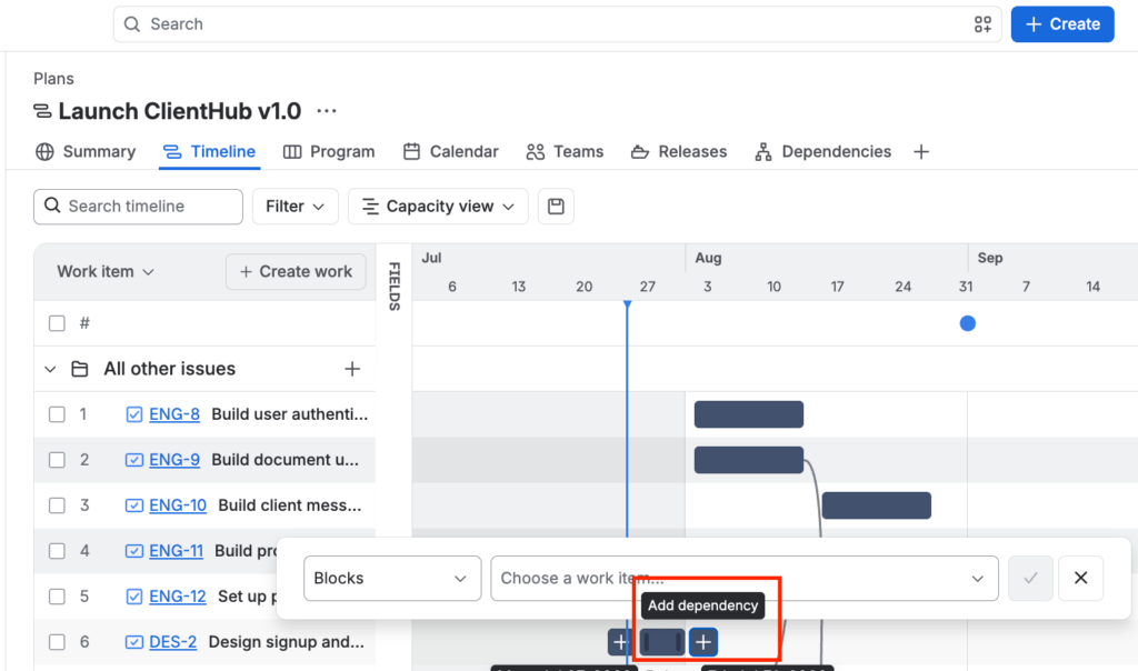The Jira Plans Timeline with the Add dependency control open on the right side of a work item's bar, set to a Blocks outgoing dependency.