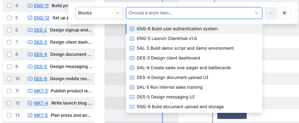 The Add dependency dropdown on the Timeline, listing work items to link, with ENG-8 Build user authentication system at the top.