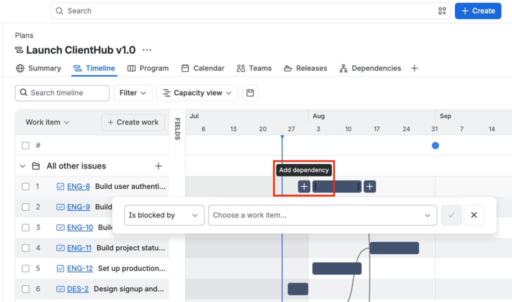 The Jira Plans Timeline with the Add dependency control open on the left side of a work item's bar, set to an Is blocked by incoming dependency.
