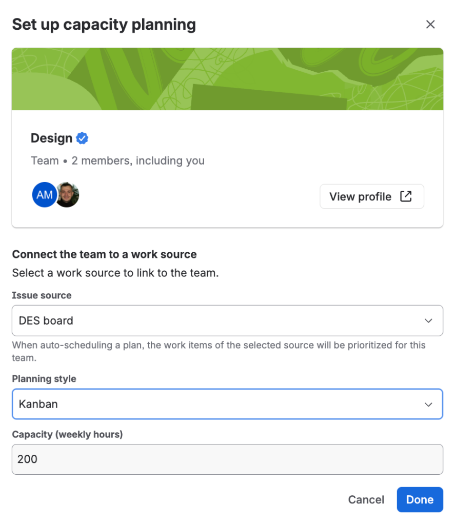 The Set up capacity planning dialog for the Design team, connecting the DES board as the work source with a Kanban planning style and 200 weekly hours of capacity.