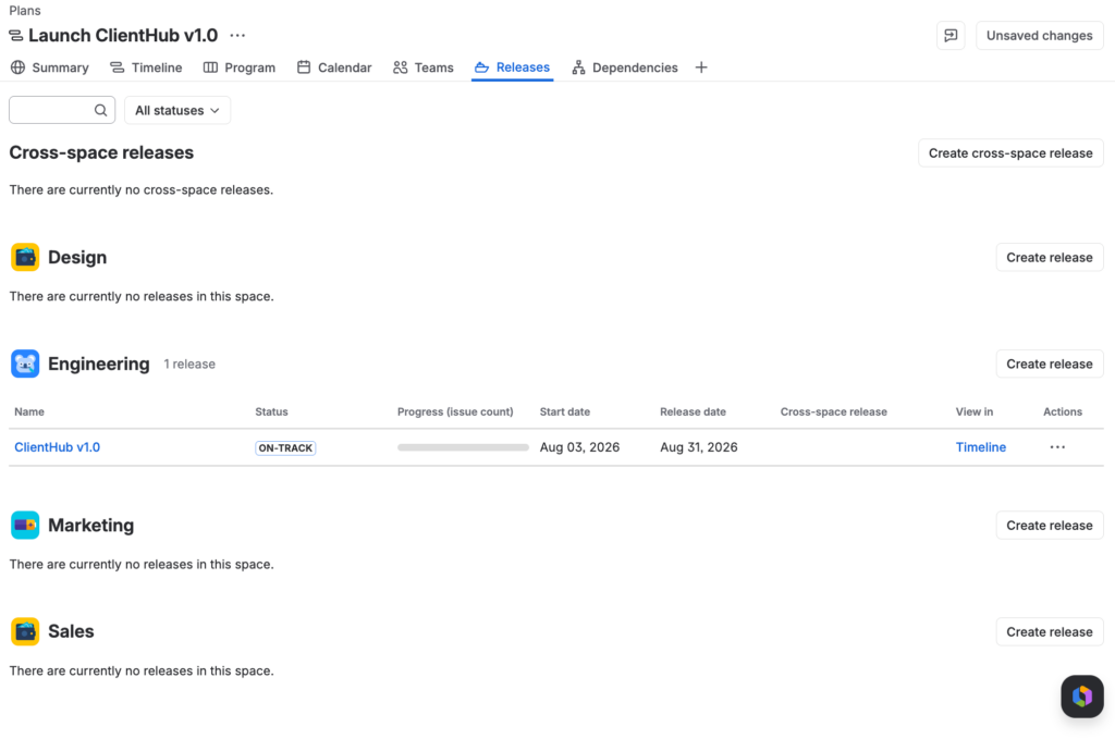 The Releases tab of the Launch ClientHub v1.0 plan, showing the Engineering space with its single ClientHub v1.0 release marked On-track.