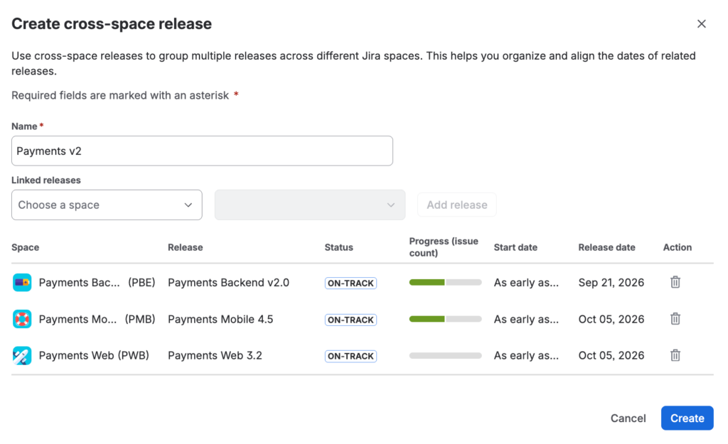 The Create cross-space release dialog in Jira Plans, naming the release Payments v2 and listing three linked releases from the Payments Backend, Mobile, and Web spaces.