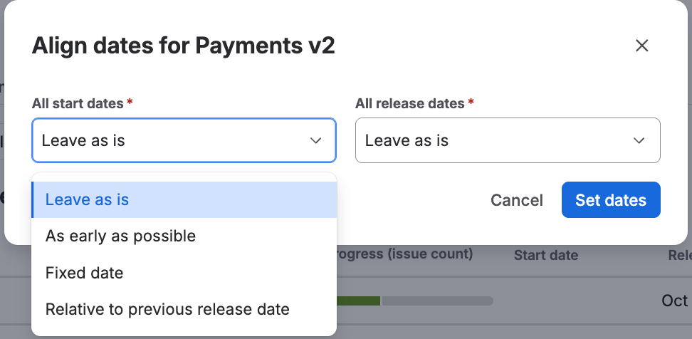 The Align dates dialog for the Payments v2 cross-space release, with start date options including As early as possible, Fixed date, and Relative to previous release date.