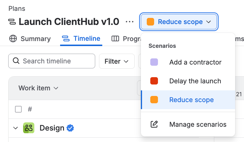 The Scenario dropdown menu next to the plan name, showing Add a contractor, Delay the launch, Reduce scope, and Manage scenarios options.