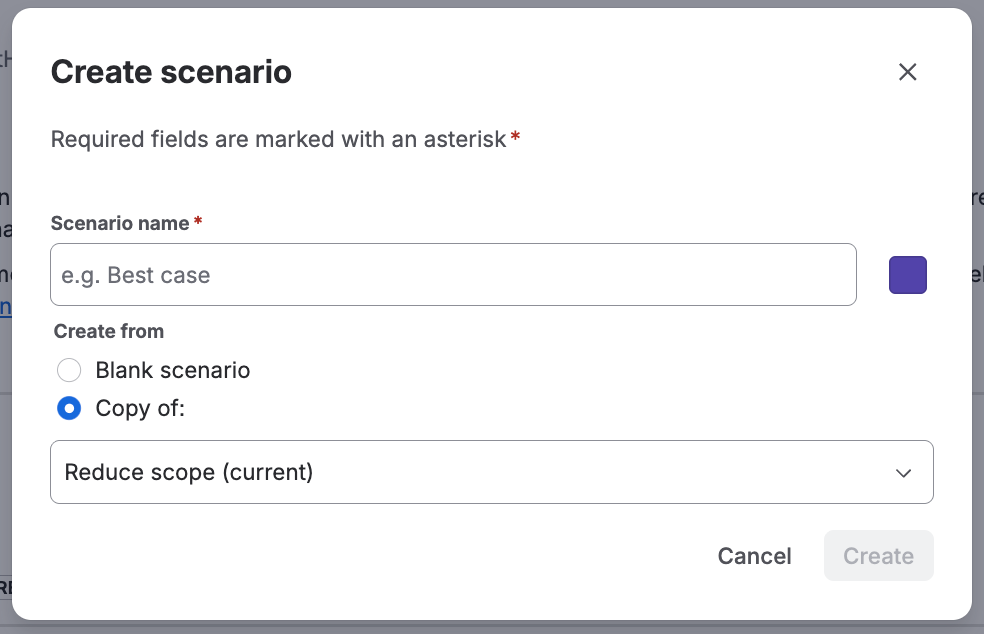 The Create scenario dialog in Jira Plans, with fields to name the scenario and choose whether to start from a blank scenario or a copy of an existing one.