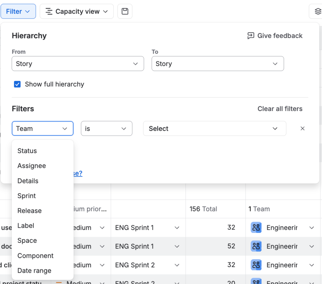 The Timeline filters panel in Jira Plans, showing the hierarchy range and a Team filter dropdown with status, assignee, sprint, release, and other filter options.