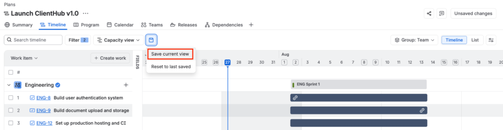 The Launch ClientHub v1.0 Timeline with the saved views menu open, showing the Save current view option highlighted.