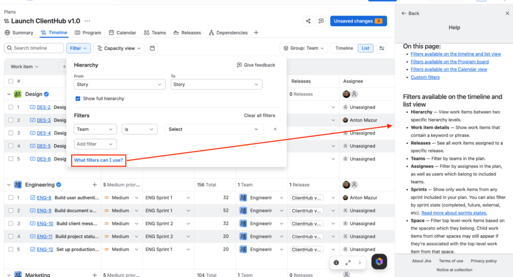 The Timeline filters panel with the What filters can I use link highlighted, opening a help panel that describes the available filters.
