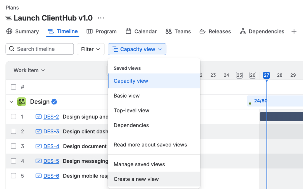 The saved views menu on the Launch ClientHub v1.0 Timeline, showing the Create a new view option below the four default views.