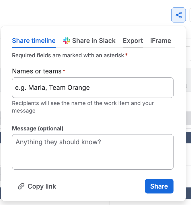 The Share timeline dialog in Jira Plans, with tabs for sharing with users, sharing in Slack, exporting, and creating an iFrame.