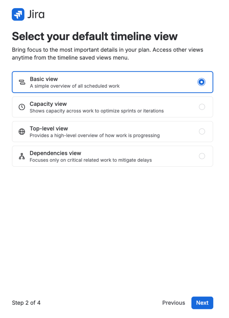 The Select your default timeline view step in the Jira Plans setup wizard, with Basic view selected among Capacity, Top-level, and Dependencies options.