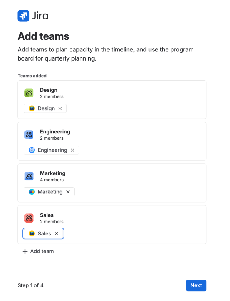 The Add teams step in the Jira Plans setup wizard, with Design, Engineering, Marketing, and Sales teams added and linked to their spaces.