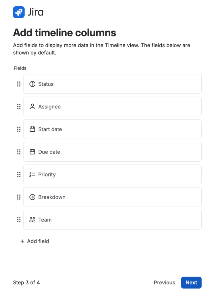 The Add timeline columns step in the Jira Plans setup wizard, listing default fields such as Status, Assignee, Start date, Due date, Priority, Breakdown, and Team.