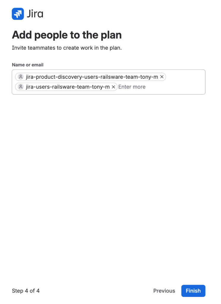 The Add people to the plan step in the Jira Plans setup wizard, with two user groups added to create work in the plan.