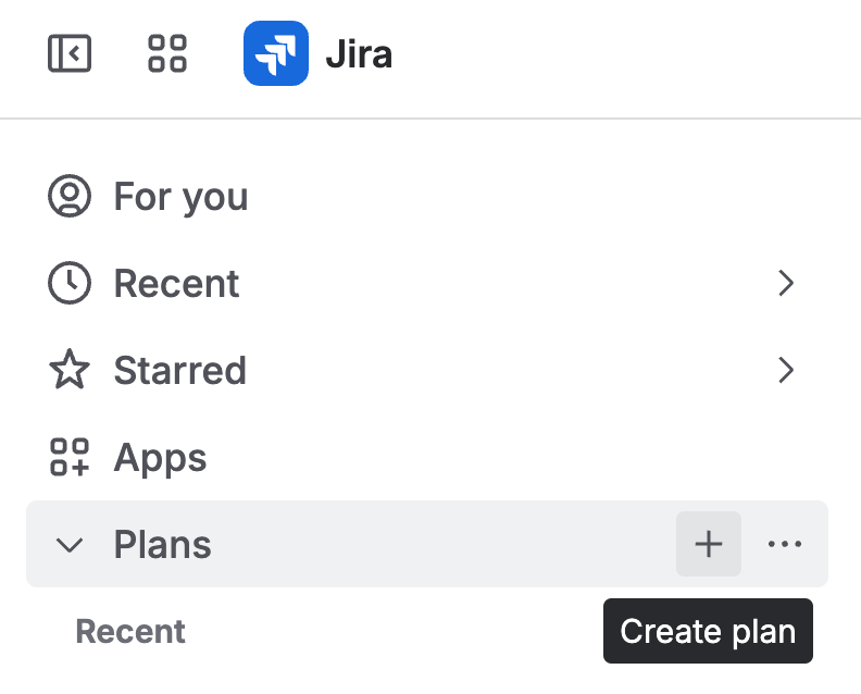 The Jira sidebar with the Plans section expanded and the Create plan button highlighted.