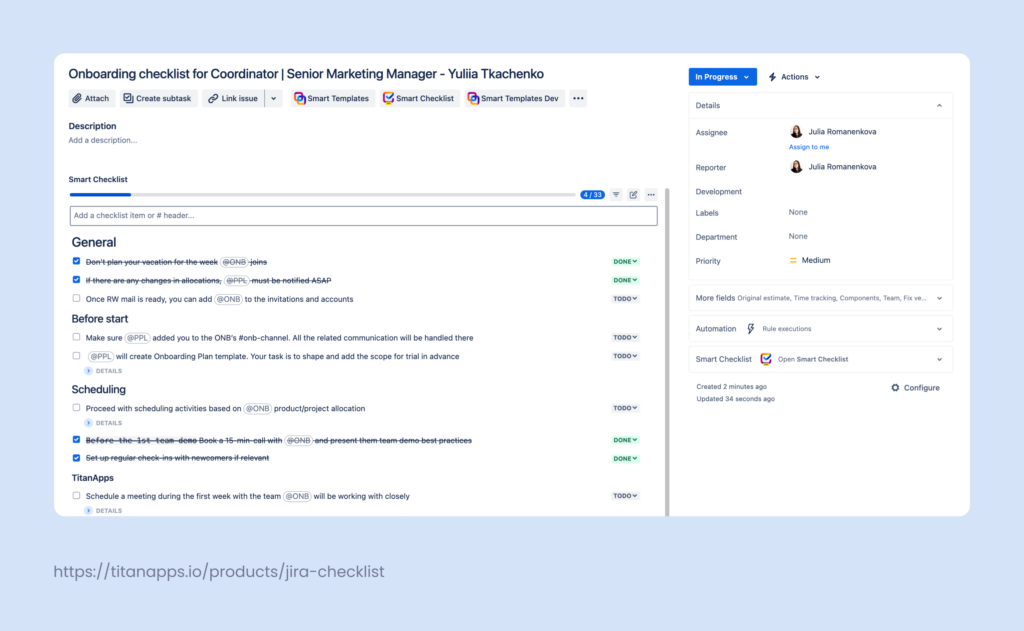 Onboarding checklist for a new hire in Atlassian Jira Cloud and Data Center issue 