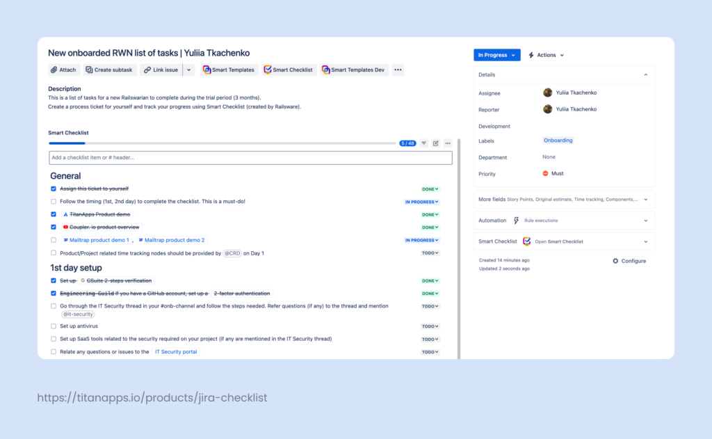 Onboarding checklist for a new hire in Atlassian Jira Cloud and Data Center issue 