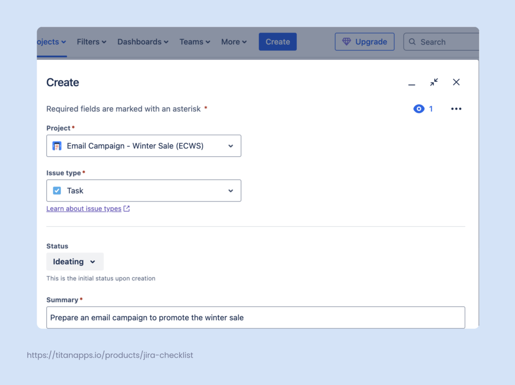 1. Jira set up guide - Create a Jira issue