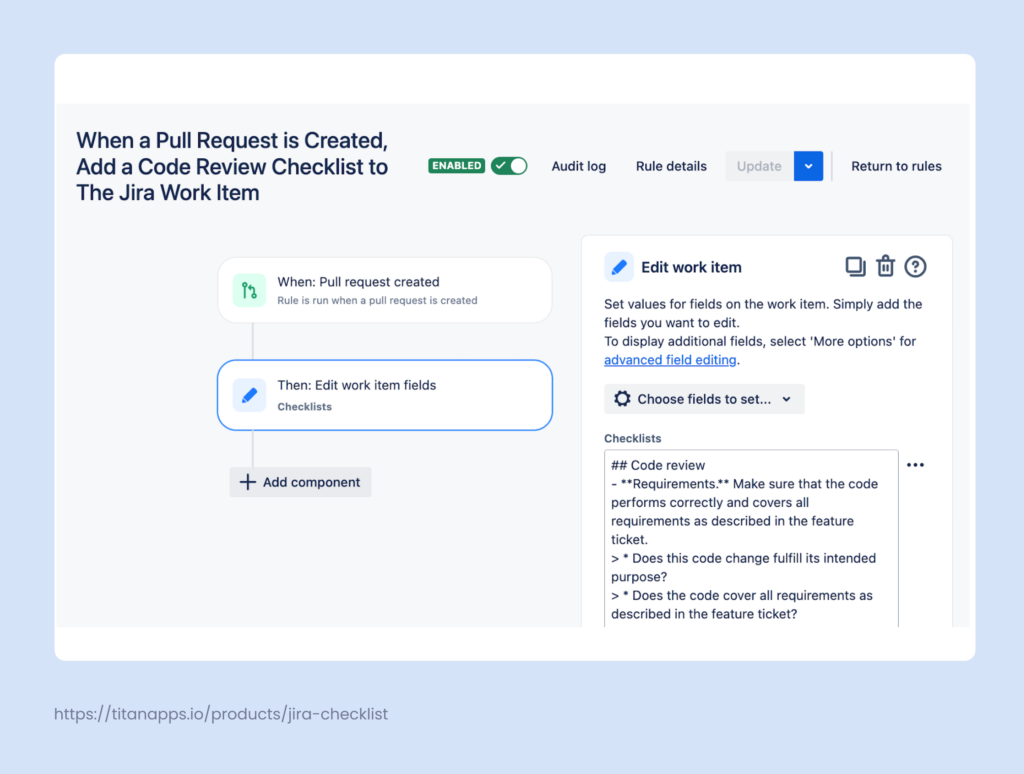 Git and Jira automation - When a Pull Request is Created, Add a Code Review Checklist to the Jira Work Item
