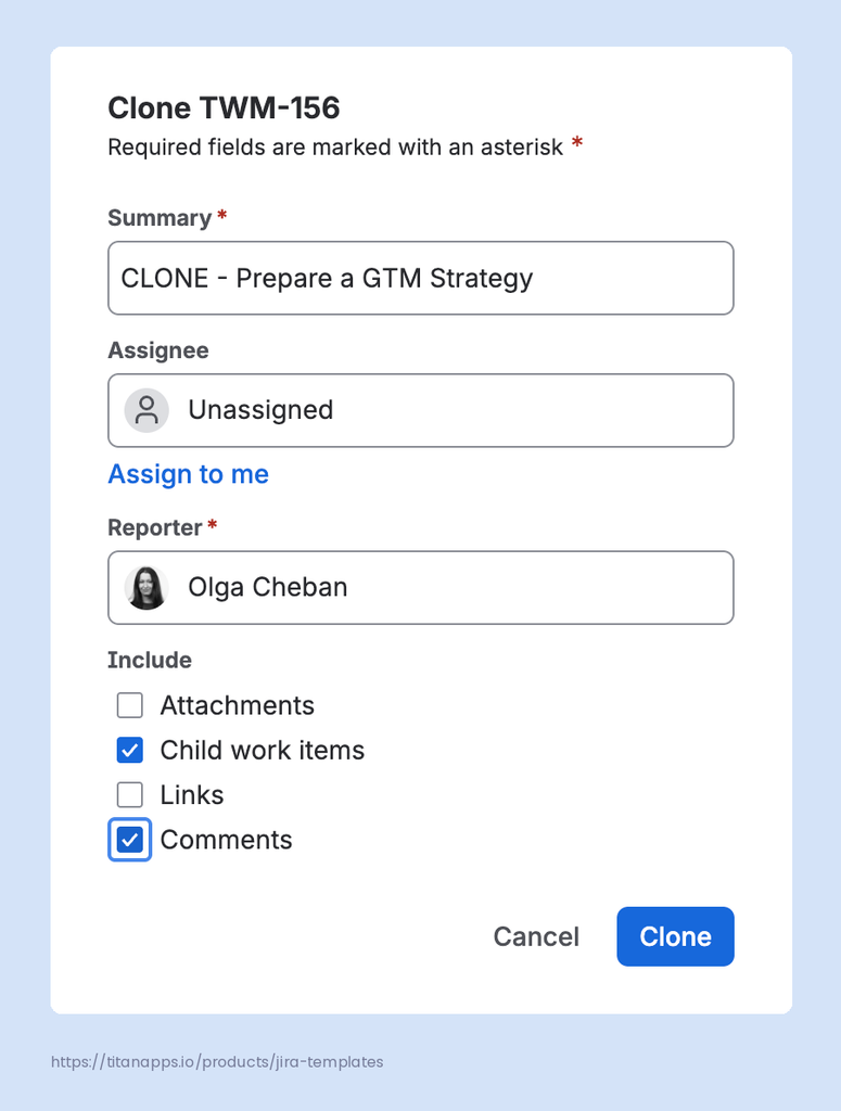 Clone an Epic Manually From the Work Item View - select information to clone