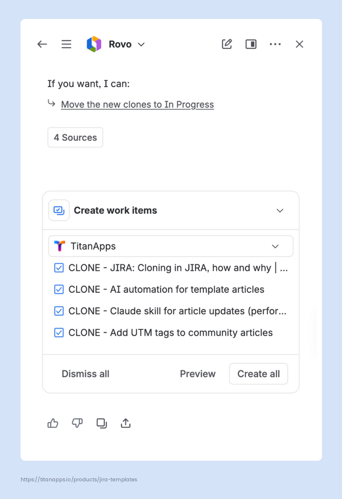 19 - Rovo Chat Create work items card with cloned unconnected work items