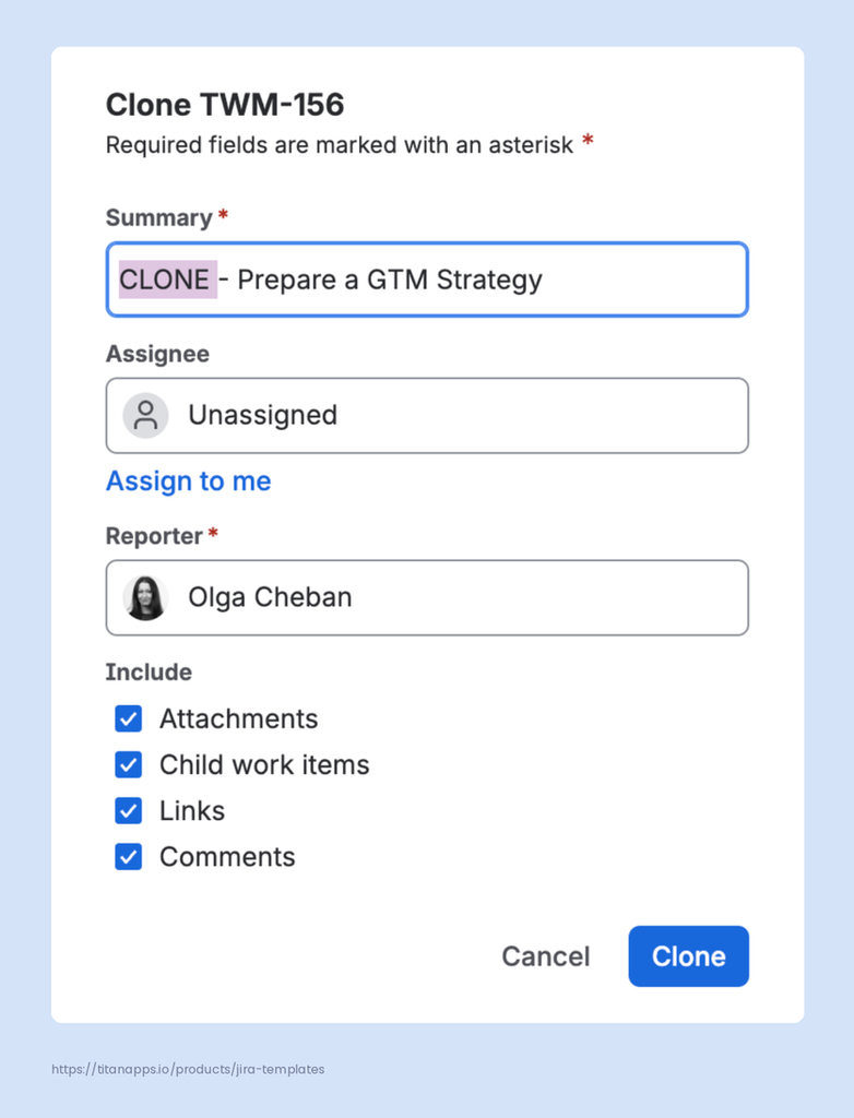 2 - Clone dialog with Include options and CLONE prefix in the summary