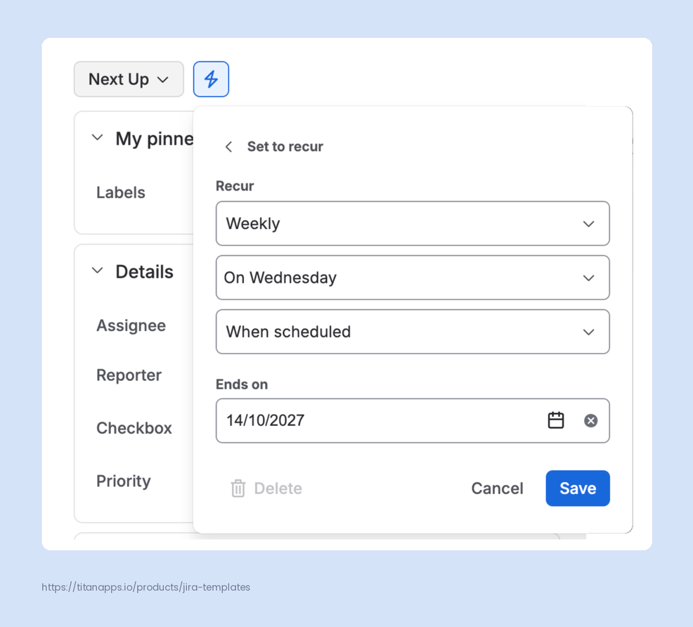 6 - Set to recur options for cloning a work item on a schedule