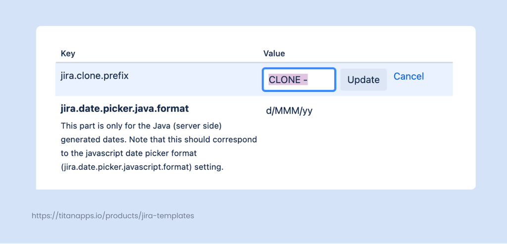 7 - Changing the jira.clone.prefix value in Advanced Settings